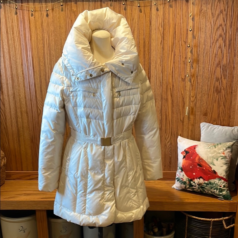 Cole Haan Belted Ivory Down Puffer Jacket Coat EUC!